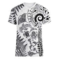 New Zealand Sea Animals Women V-Neck T-Shirt with Maori Koru Tribal Tattoo and Silver Ferns White Color