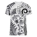 New Zealand Sea Animals Women V-Neck T-Shirt with Maori Koru Tribal Tattoo and Silver Ferns White Color
