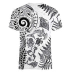 New Zealand Sea Animals Women V-Neck T-Shirt with Maori Koru Tribal Tattoo and Silver Ferns White Color