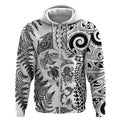 New Zealand Sea Animals Zip Hoodie with Maori Koru Tribal Tattoo and Silver Ferns White Color