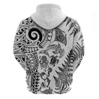 New Zealand Sea Animals Zip Hoodie with Maori Koru Tribal Tattoo and Silver Ferns White Color