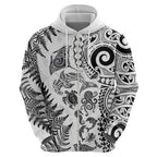 New Zealand Sea Animals Zip Hoodie with Maori Koru Tribal Tattoo and Silver Ferns White Color