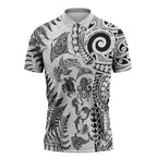 New Zealand Sea Animals Zipper Polo Shirt with Maori Koru Tribal Tattoo and Silver Ferns White Color