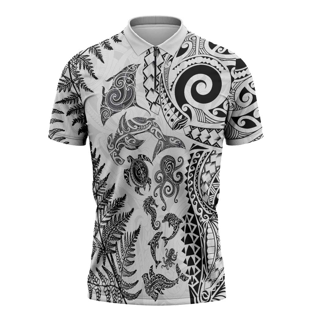 New Zealand Sea Animals Zipper Polo Shirt with Maori Koru Tribal Tattoo and Silver Ferns White Color