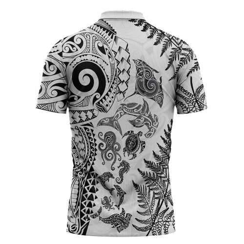 New Zealand Sea Animals Zipper Polo Shirt with Maori Koru Tribal Tattoo and Silver Ferns White Color