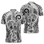 New Zealand Sea Animals Zipper Polo Shirt with Maori Koru Tribal Tattoo and Silver Ferns White Color
