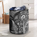 New Zealand Sea Animals Laundry Basket with Maori Koru Tribal Tattoo and Silver Ferns Black Color