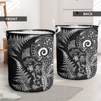 New Zealand Sea Animals Laundry Basket with Maori Koru Tribal Tattoo and Silver Ferns Black Color