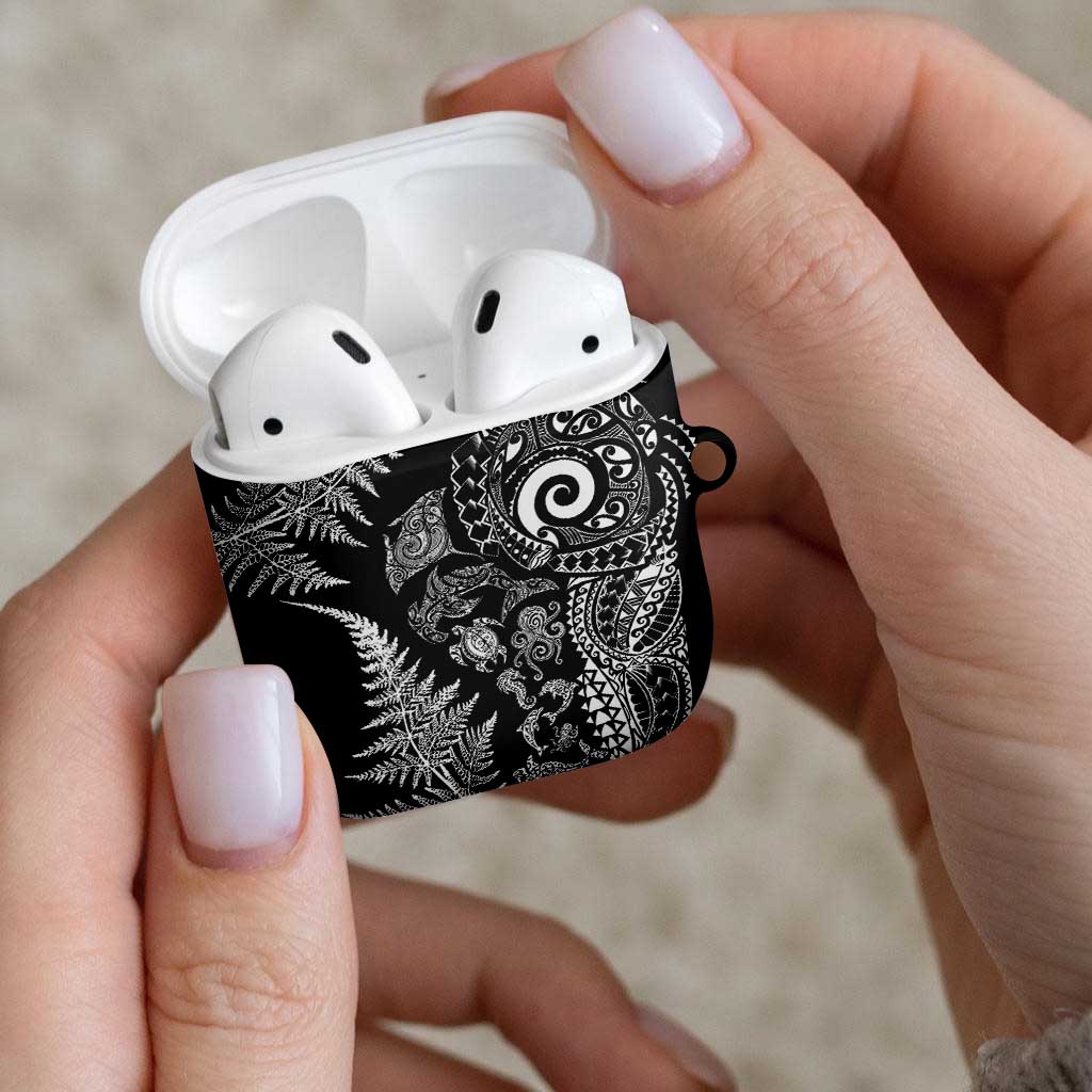New Zealand Sea Animals AirPods Case with Maori Koru Tribal Tattoo and Silver Ferns Black Color