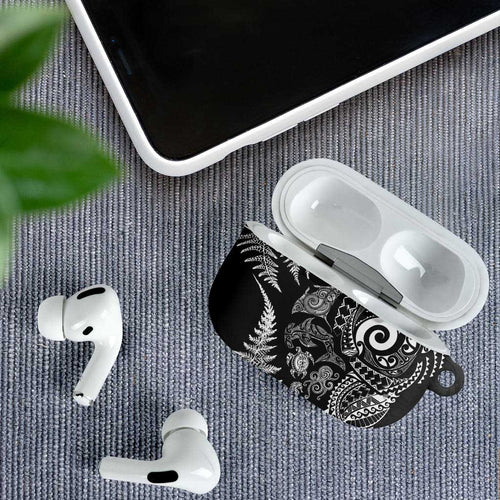 New Zealand Sea Animals AirPods Case with Maori Koru Tribal Tattoo and Silver Ferns Black Color