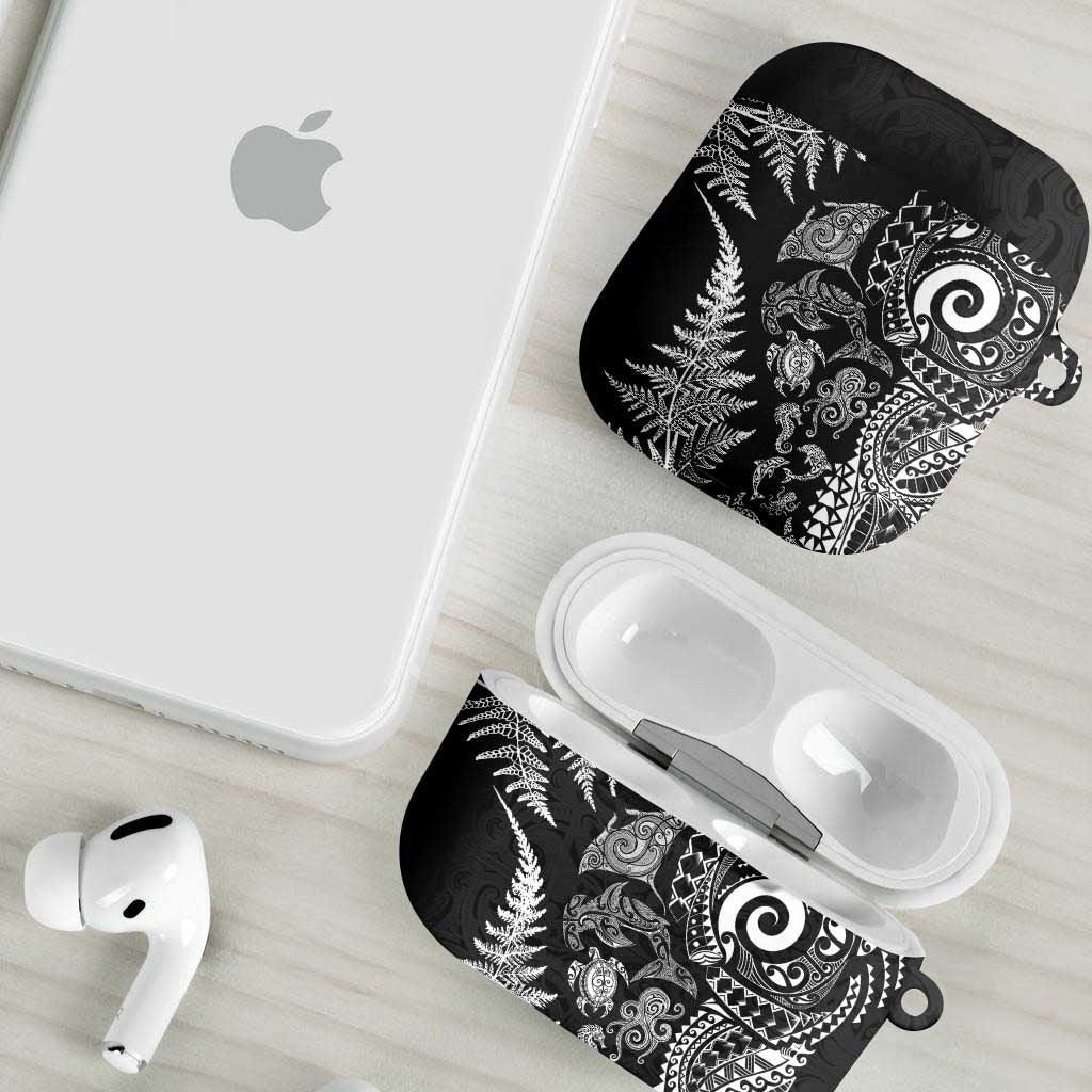 New Zealand Sea Animals AirPods Case with Maori Koru Tribal Tattoo and Silver Ferns Black Color