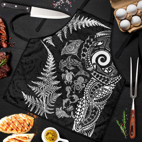 New Zealand Sea Animals Apron with Maori Koru Tribal Tattoo and Silver Ferns Black Color