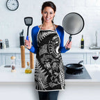 New Zealand Sea Animals Apron with Maori Koru Tribal Tattoo and Silver Ferns Black Color