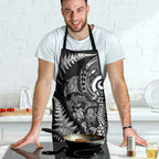 New Zealand Sea Animals Apron with Maori Koru Tribal Tattoo and Silver Ferns Black Color