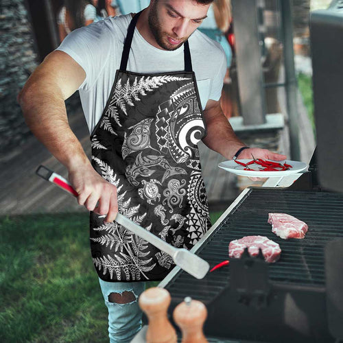 New Zealand Sea Animals Apron with Maori Koru Tribal Tattoo and Silver Ferns Black Color