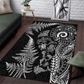 New Zealand Sea Animals Area Rug with Maori Koru Tribal Tattoo and Silver Ferns Black Color
