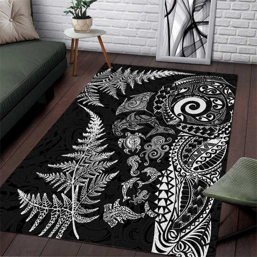 New Zealand Sea Animals Area Rug with Maori Koru Tribal Tattoo and Silver Ferns Black Color