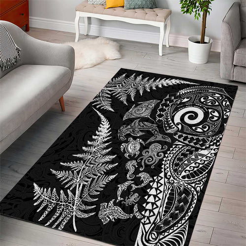 New Zealand Sea Animals Area Rug with Maori Koru Tribal Tattoo and Silver Ferns Black Color