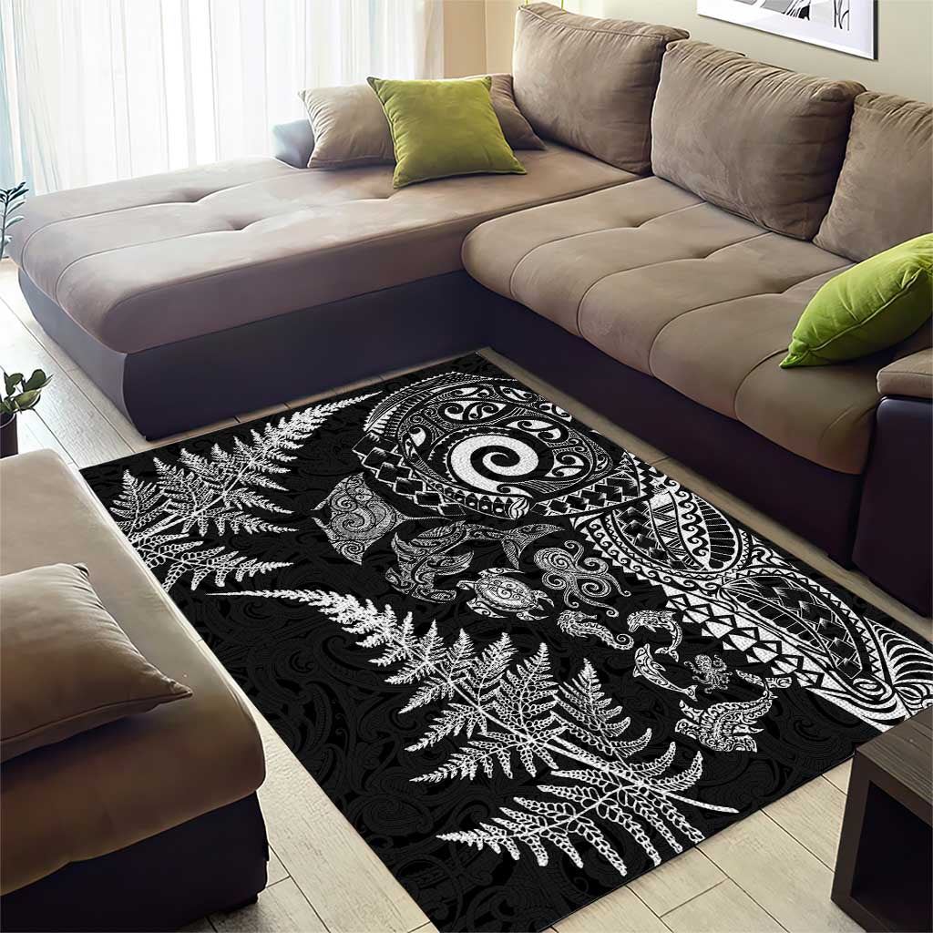New Zealand Sea Animals Area Rug with Maori Koru Tribal Tattoo and Silver Ferns Black Color