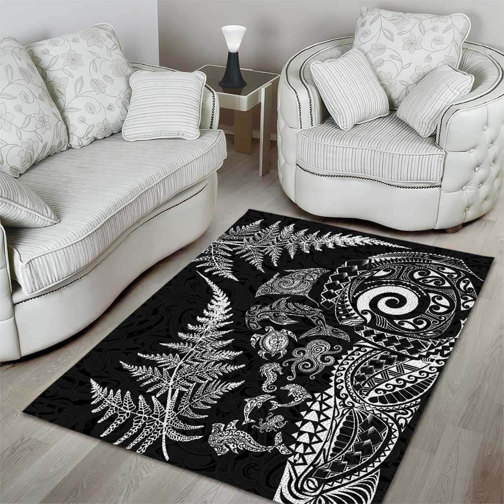 New Zealand Sea Animals Area Rug with Maori Koru Tribal Tattoo and Silver Ferns Black Color
