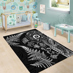New Zealand Sea Animals Area Rug with Maori Koru Tribal Tattoo and Silver Ferns Black Color