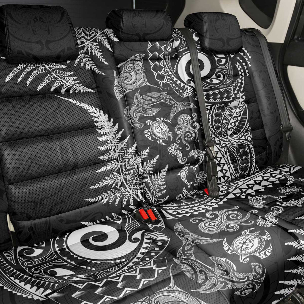 New Zealand Sea Animals Back Car Seat Cover with Maori Koru Tribal Tattoo and Silver Ferns Black Color