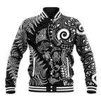New Zealand Sea Animals Baseball Jacket with Maori Koru Tribal Tattoo and Silver Ferns Black Color