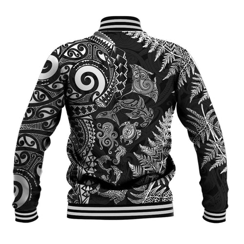 New Zealand Sea Animals Baseball Jacket with Maori Koru Tribal Tattoo and Silver Ferns Black Color