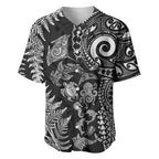 New Zealand Sea Animals Baseball Jersey with Maori Koru Tribal Tattoo and Silver Ferns Black Color