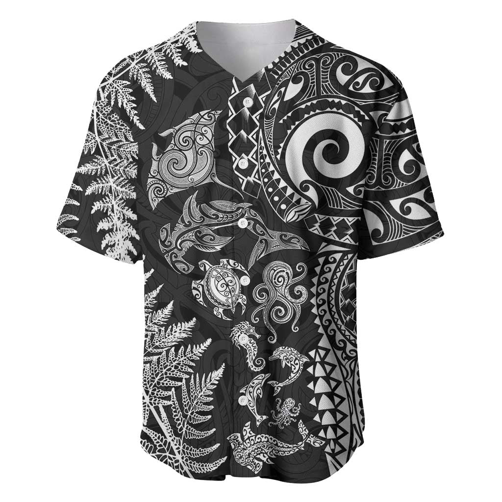New Zealand Sea Animals Baseball Jersey with Maori Koru Tribal Tattoo and Silver Ferns Black Color