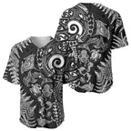 New Zealand Sea Animals Baseball Jersey with Maori Koru Tribal Tattoo and Silver Ferns Black Color