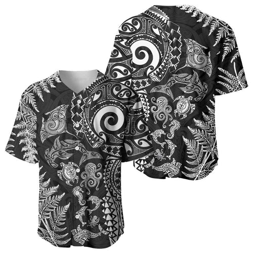 New Zealand Sea Animals Baseball Jersey with Maori Koru Tribal Tattoo and Silver Ferns Black Color