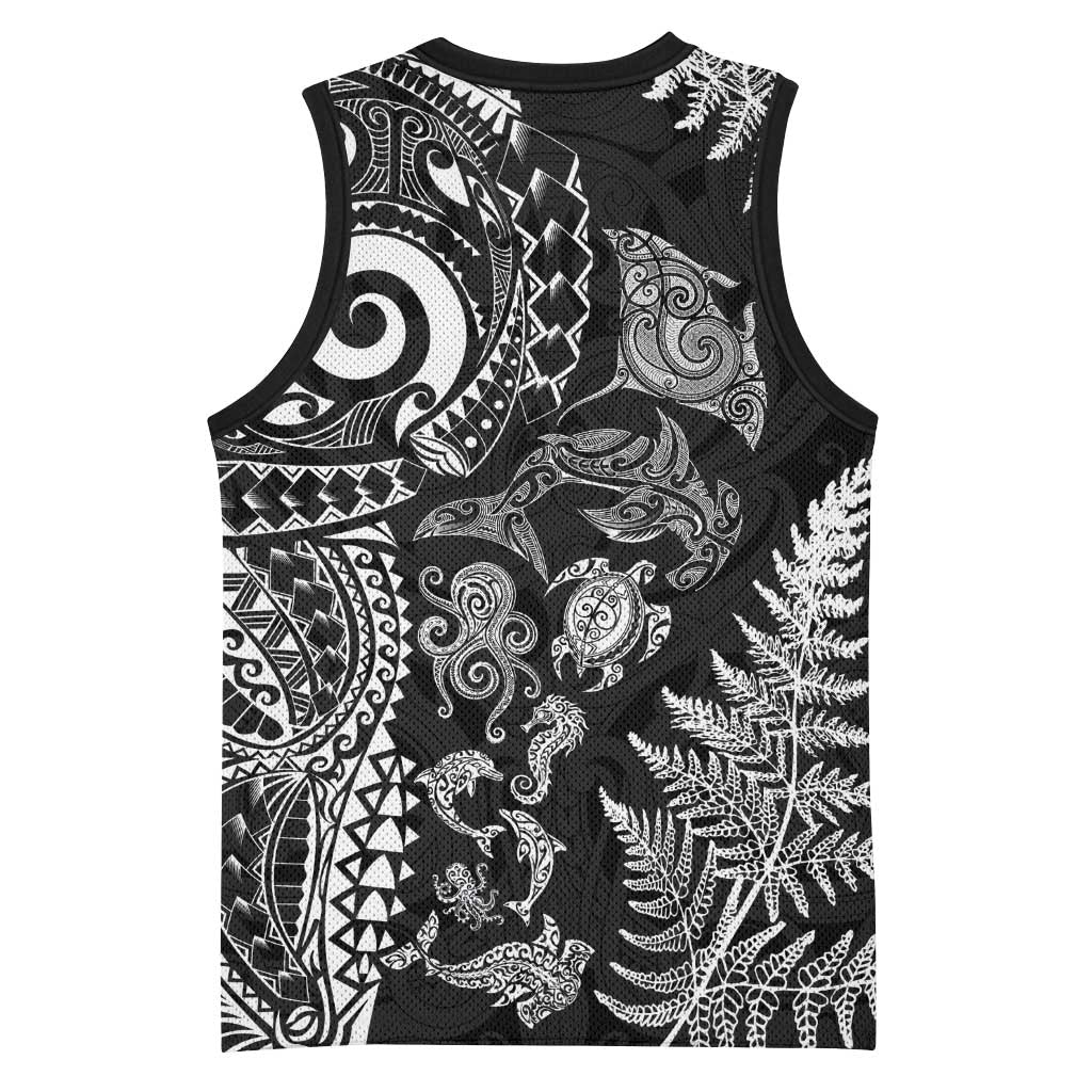 New Zealand Sea Animals Basketball Jersey with Maori Koru Tribal Tattoo and Silver Ferns Black Color
