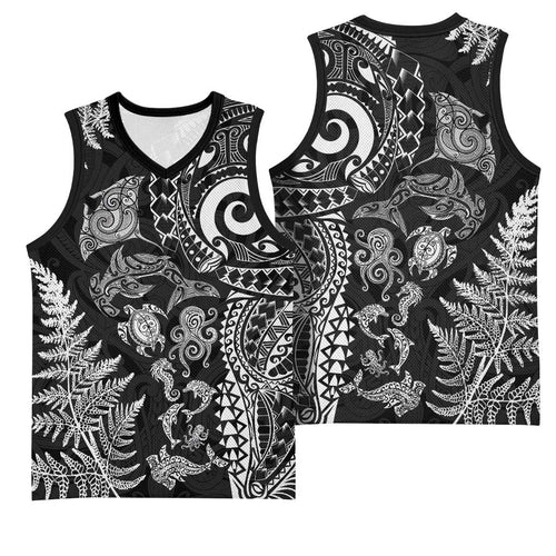New Zealand Sea Animals Basketball Jersey with Maori Koru Tribal Tattoo and Silver Ferns Black Color
