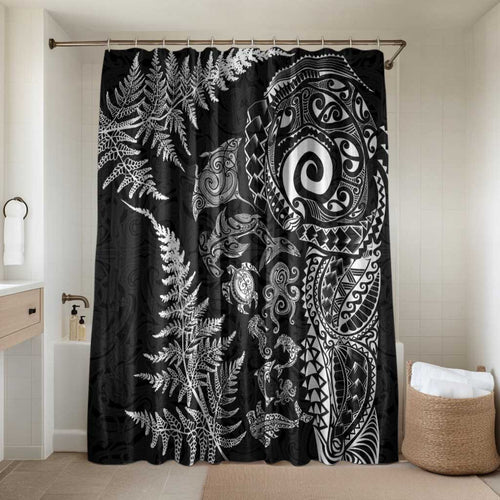 New Zealand Sea Animals Bathroom Set with Maori Koru Tribal Tattoo and Silver Ferns Black Color