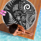 New Zealand Sea Animals Beach Blanket with Maori Koru Tribal Tattoo and Silver Ferns Black Color