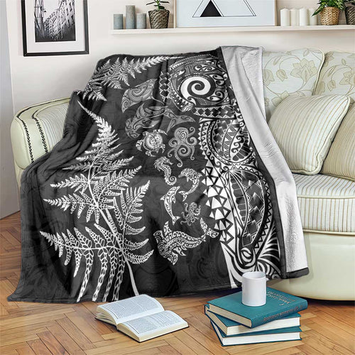New Zealand Sea Animals Blanket with Maori Koru Tribal Tattoo and Silver Ferns Black Color