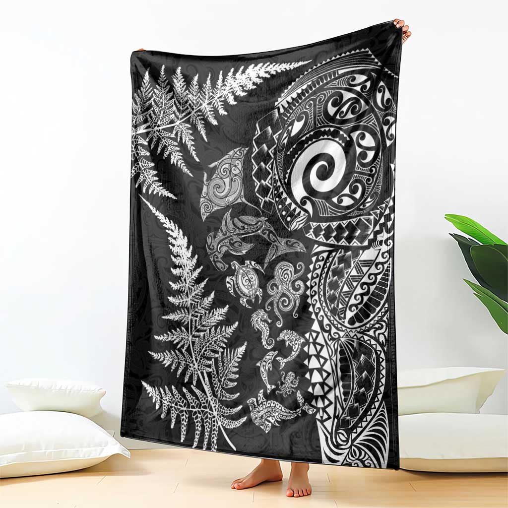 New Zealand Sea Animals Blanket with Maori Koru Tribal Tattoo and Silver Ferns Black Color