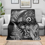 New Zealand Sea Animals Blanket with Maori Koru Tribal Tattoo and Silver Ferns Black Color