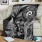 New Zealand Sea Animals Blanket with Maori Koru Tribal Tattoo and Silver Ferns Black Color