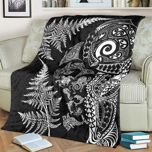 New Zealand Sea Animals Blanket with Maori Koru Tribal Tattoo and Silver Ferns Black Color