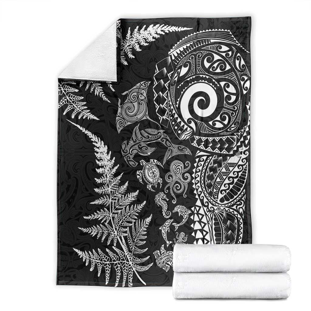 New Zealand Sea Animals Blanket with Maori Koru Tribal Tattoo and Silver Ferns Black Color