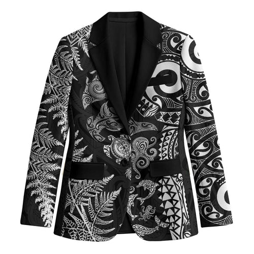New Zealand Sea Animals Blazer with Maori Koru Tribal Tattoo and Silver Ferns Black Color