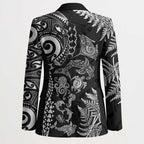 New Zealand Sea Animals Blazer with Maori Koru Tribal Tattoo and Silver Ferns Black Color