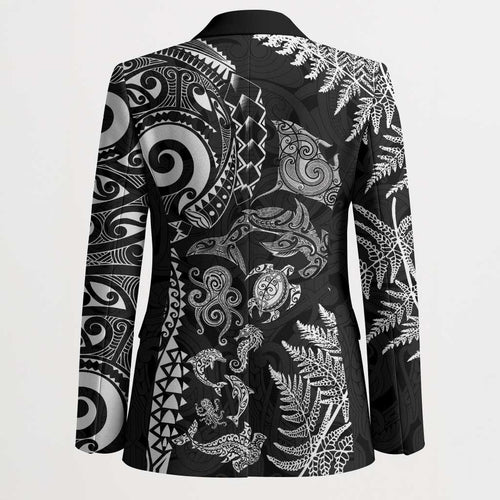 New Zealand Sea Animals Blazer with Maori Koru Tribal Tattoo and Silver Ferns Black Color