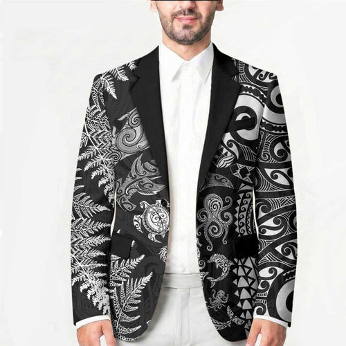 New Zealand Sea Animals Blazer with Maori Koru Tribal Tattoo and Silver Ferns Black Color