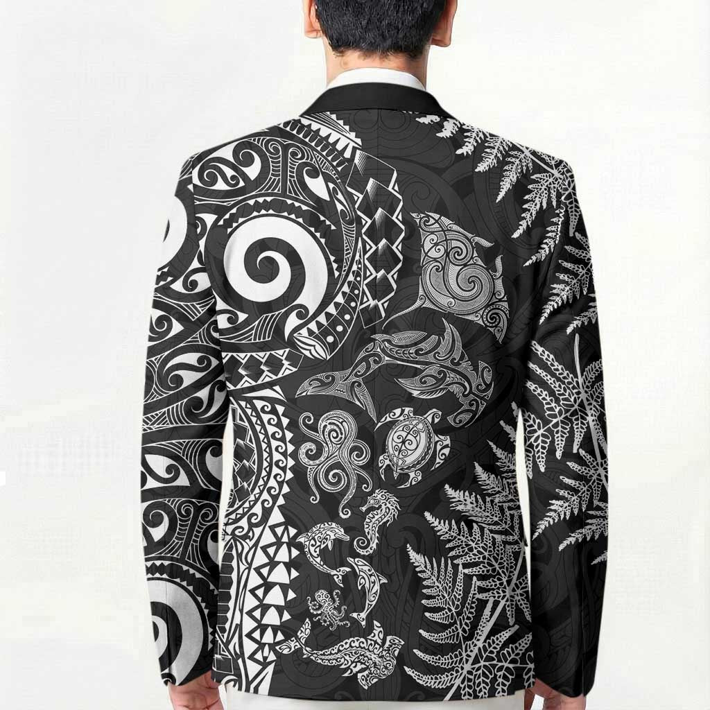 New Zealand Sea Animals Blazer with Maori Koru Tribal Tattoo and Silver Ferns Black Color