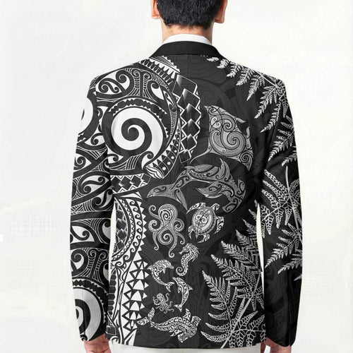 New Zealand Sea Animals Blazer with Maori Koru Tribal Tattoo and Silver Ferns Black Color