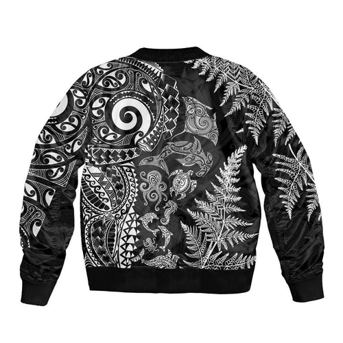 New Zealand Sea Animals Bomber Jacket with Maori Koru Tribal Tattoo and Silver Ferns Black Color