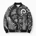 New Zealand Sea Animals Bomber Puffer Jacket with Maori Koru Tribal Tattoo and Silver Ferns Black Color